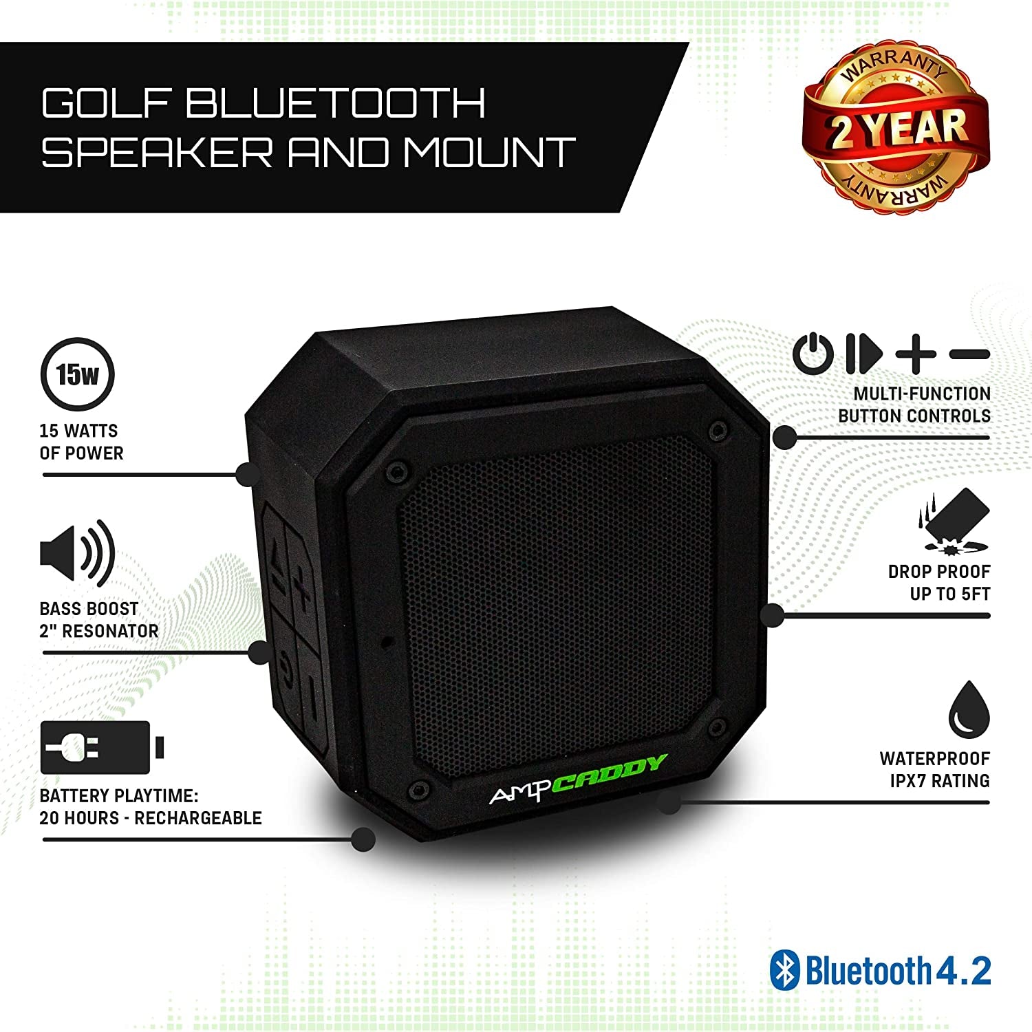 Golf Bluetooth Speaker with Mount, Bluetooth Speaker and Mount with Loud Stereo Sound and Bass Boost, Extended Playtime and Range (V3 Pro - 15 Watts)