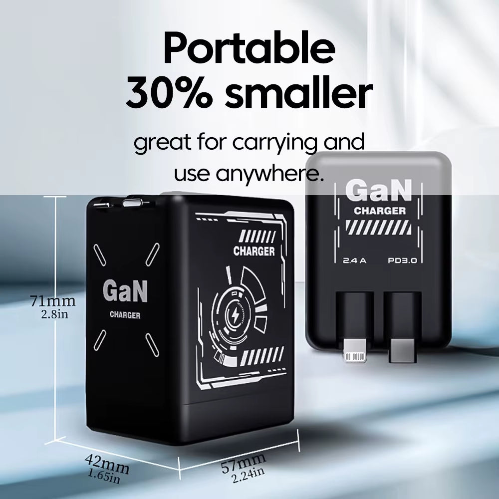 Gallium Nitride Charger Type C/Lightning Fast Charging Expansion Cable for Iphone15 16 Huawei Samsung