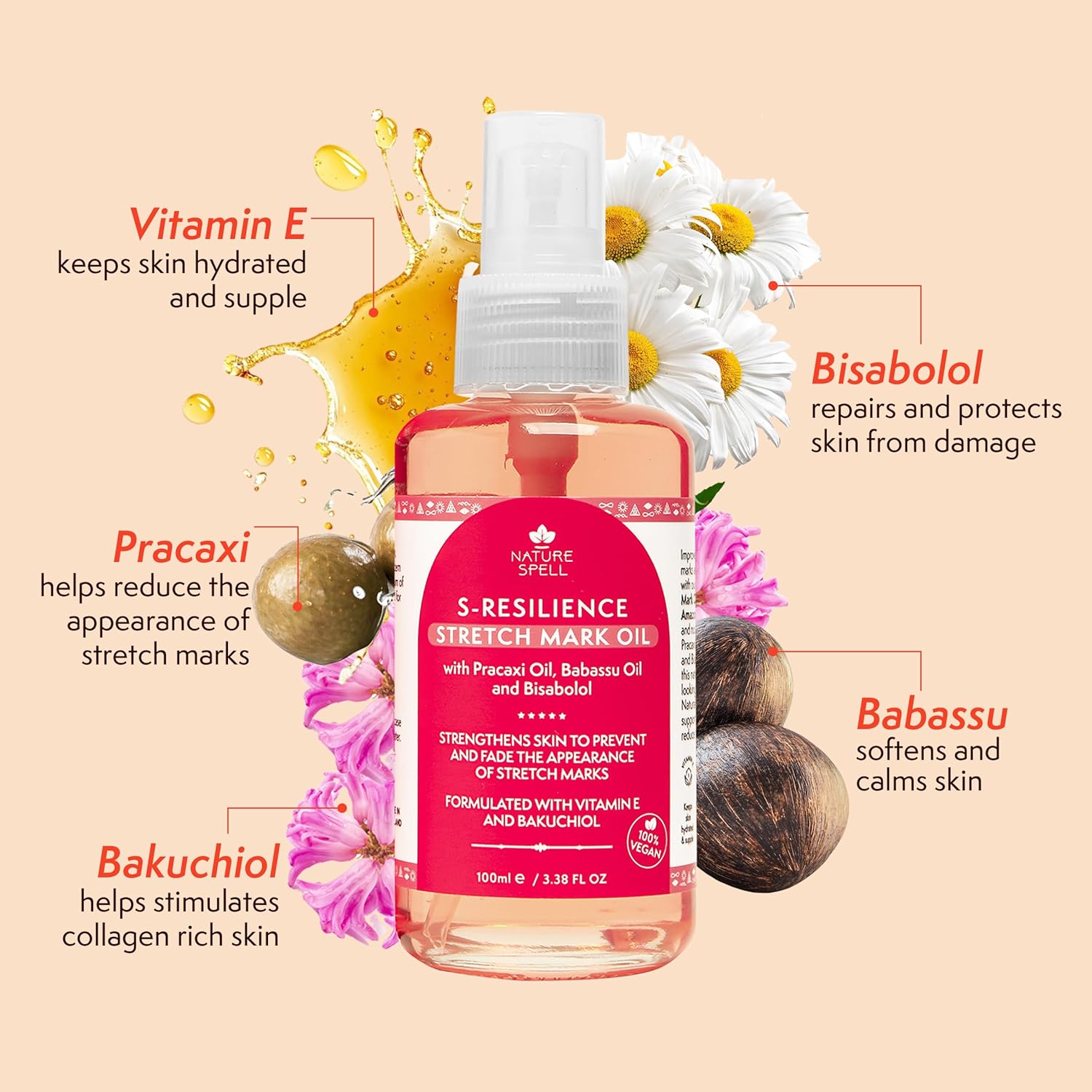 Nature Spell Stretch Mark Oil For Women, Vegan Body Oil for Stretch Marks, Scars & Uneven Skin Tone, 3.38 Fl Oz