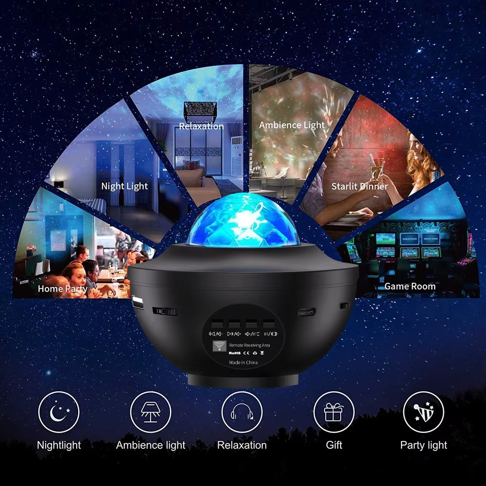 Starry Sky Projector Light LED Night Light Bluetooth Music Player Remote Ocean Wave Galaxy Ambient Light Bedroom Decoration Gift