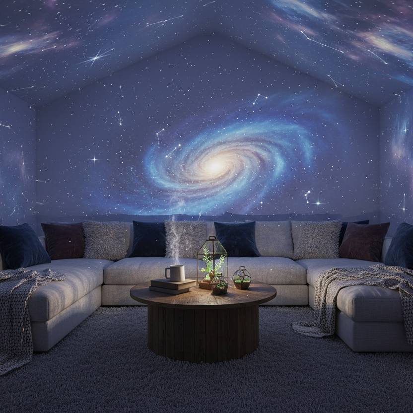 remove the starry projector itself, so that all you see is a comfy looking room but with all the walls and stuff have a galaxy projection on them