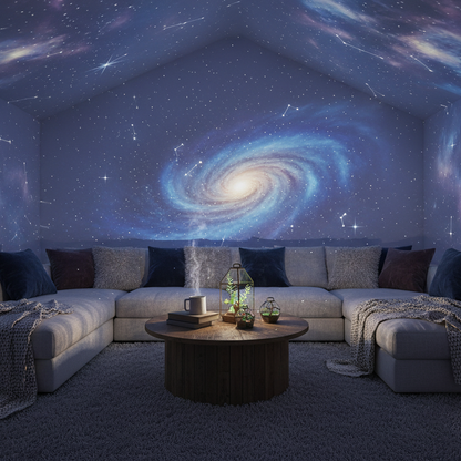 remove the starry projector itself, so that all you see is a comfy looking room but with all the walls and stuff have a galaxy projection on them